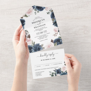 Dusty Blue Mauve Rose Pink Slate Floral Wedding All In One Invitation