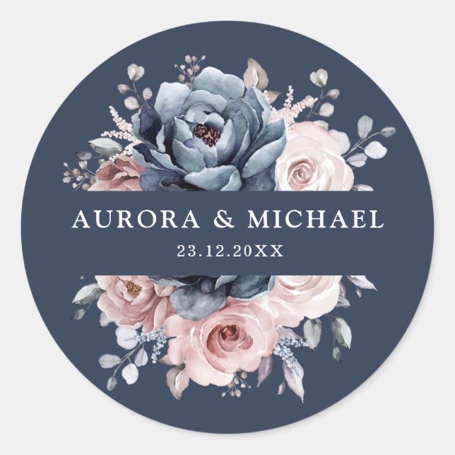 Dusty Blue Mauve Rose Pink Slate Floral Wedding  C Classic Round Sticker (Front)