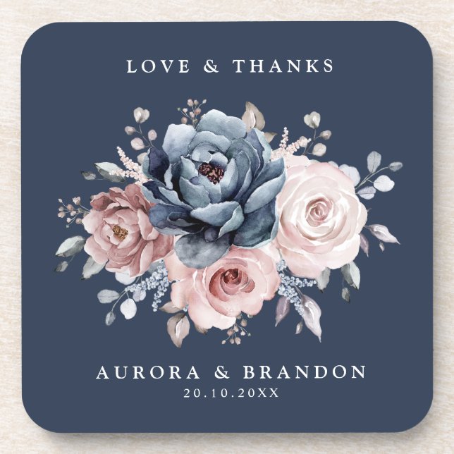 Dusty Blue Mauve Rose Pink Slate Floral Wedding  Coaster (Front)