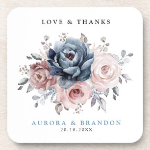 Dusty Blue Mauve Rose Pink Slate Floral Wedding  Coaster