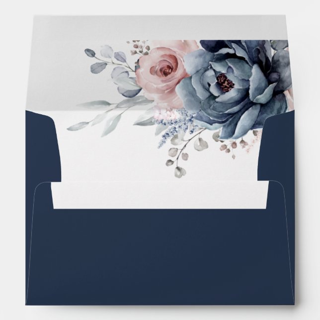 Dusty Blue Mauve Rose Pink Slate Floral Wedding  Envelope (Back (Bottom))