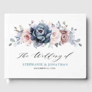 Dusty Blue Mauve Rose Pink Slate Floral Wedding  Guest Book
