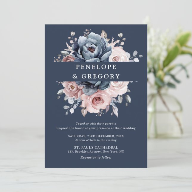 Dusty Blue Mauve Rose Pink Slate Floral Wedding  I Invitation (Standing Front)