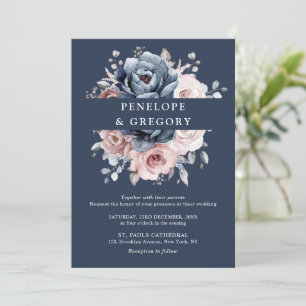 Dusty Blue Mauve Rose Pink Slate Floral Wedding I Invitation