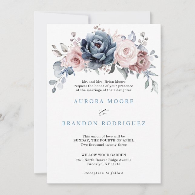 Dusty Blue Mauve Rose Pink Slate Floral Wedding In Invitation (Front)
