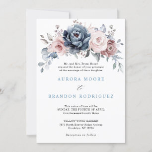 Dusty Blue Mauve Rose Pink Slate Floral Wedding In Invitation