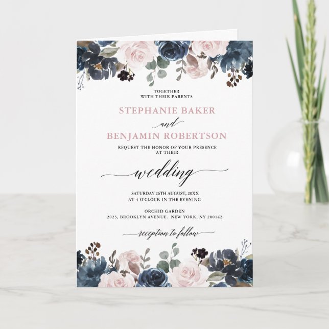 Dusty Blue Mauve Rose Pink Slate Floral Wedding  Invitation (Front)