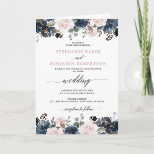 Dusty Blue Mauve Rose Pink Slate Floral Wedding  Invitation