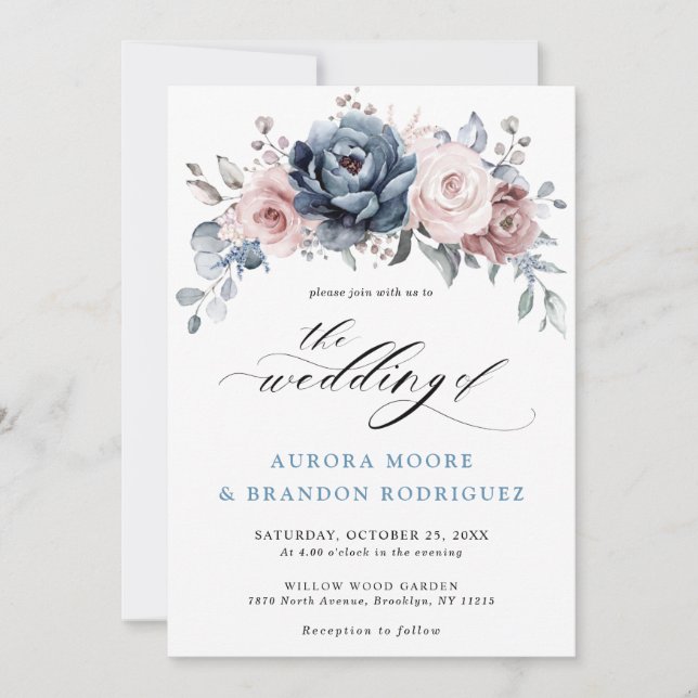 Dusty Blue Mauve Rose Pink Slate Floral Wedding    Invitation (Front)