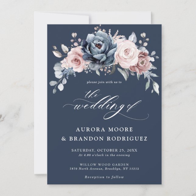 Dusty Blue Mauve Rose Pink Slate Floral Wedding    Invitation (Front)