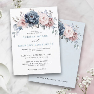 Dusty Blue Mauve Rose Pink Slate Floral Wedding Invitation
