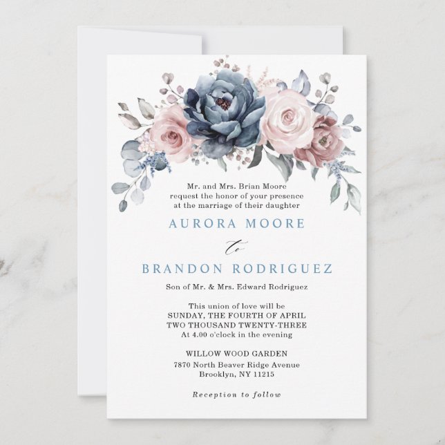 Dusty Blue Mauve Rose Pink Slate Floral Wedding  Invitation (Front)
