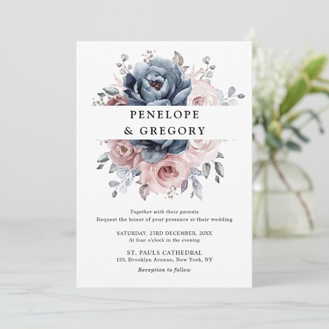 Dusty Blue Mauve Rose Pink Slate Floral Wedding  Invitation (Standing Front)