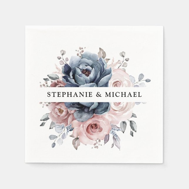 Dusty Blue Mauve Rose Pink Slate Floral Wedding  Napkin (Front)