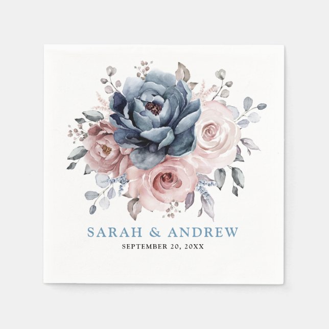 Dusty Blue Mauve Rose Pink Slate Floral Wedding  Napkin (Front)