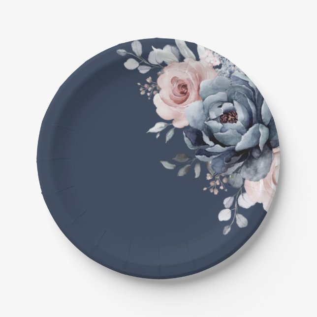 Dusty Blue Mauve Rose Pink Slate Floral Wedding  P Paper Plate (Front)