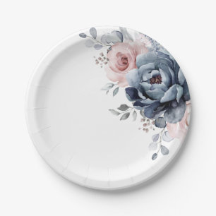 Dusty Blue Mauve Rose Pink Slate Floral Wedding  Paper Plate