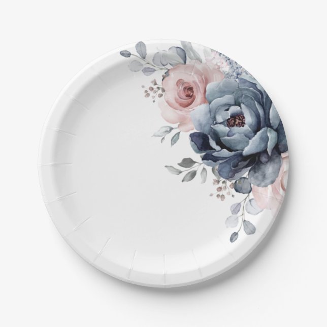Dusty Blue Mauve Rose Pink Slate Floral Wedding  Paper Plate (Front)