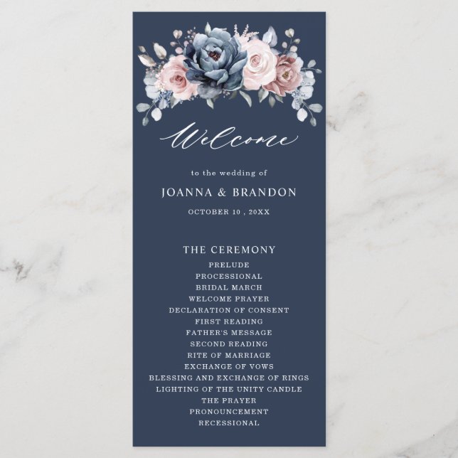 Dusty Blue Mauve Rose Pink Slate Floral Wedding Pr Programme (Front)