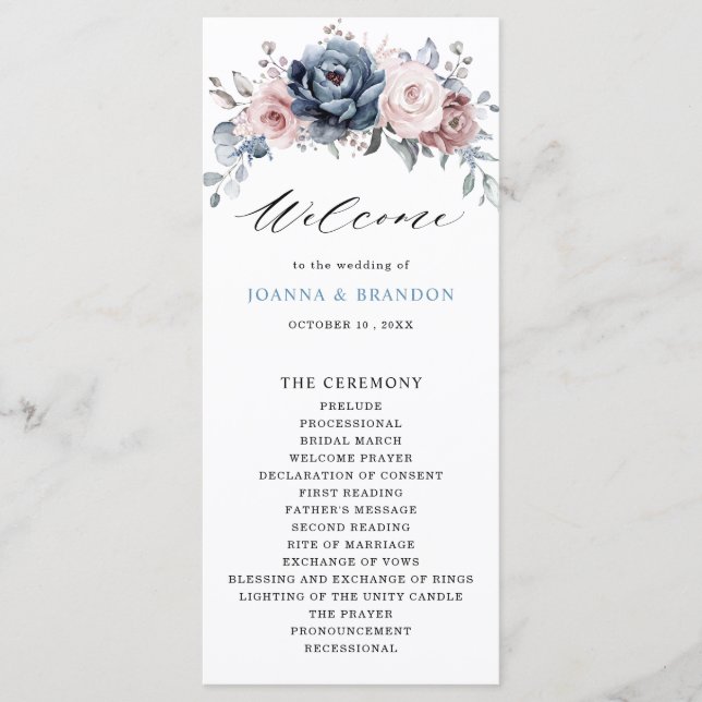 Dusty Blue Mauve Rose Pink Slate Floral Wedding Programme (Front)