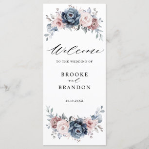 Dusty Blue Mauve Rose Pink Slate Floral Wedding Programme