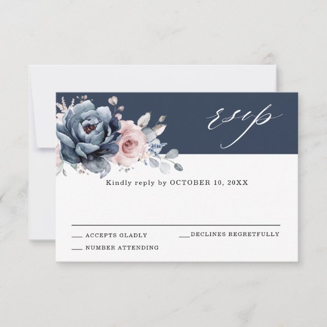 Dusty Blue Mauve Rose Pink Slate Floral Wedding RS RSVP Card (Front)