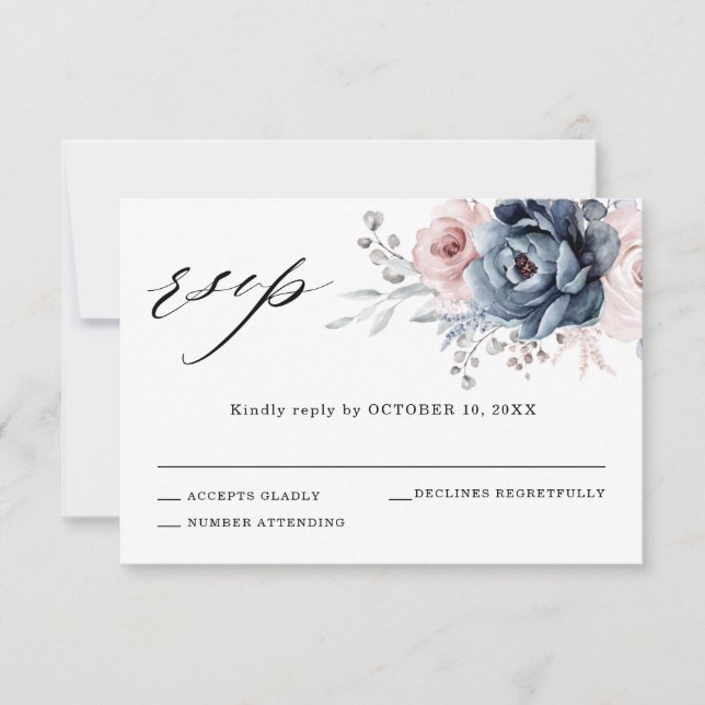 Dusty Blue Mauve Rose Pink Slate Floral Wedding RSVP Card (Front)