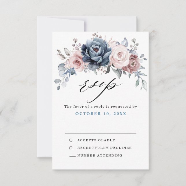 Dusty Blue Mauve Rose Pink Slate Floral Wedding RSVP Card (Front)