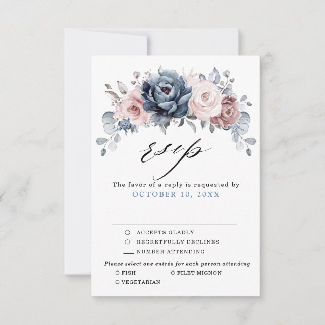 Dusty Blue Mauve Rose Pink Slate Floral Wedding  RSVP Card (Front)