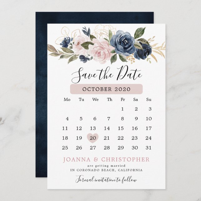 Dusty Blue Mauve Rose Pink Slate Floral Wedding  Save The Date (Front/Back)
