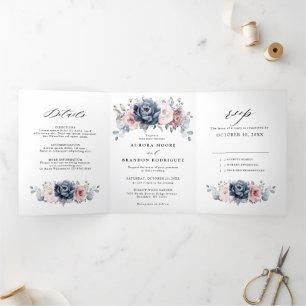 Dusty Blue Mauve Rose Pink Slate Floral Wedding  Tri-Fold Announcement