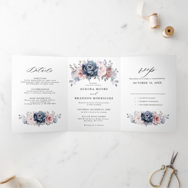 Dusty Blue Mauve Rose Pink Slate Floral Wedding  Tri-Fold Announcement (Inside)