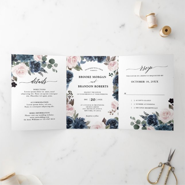 Dusty Blue Mauve Rose Pink Slate Floral Wedding  Tri-Fold Announcement (Inside)