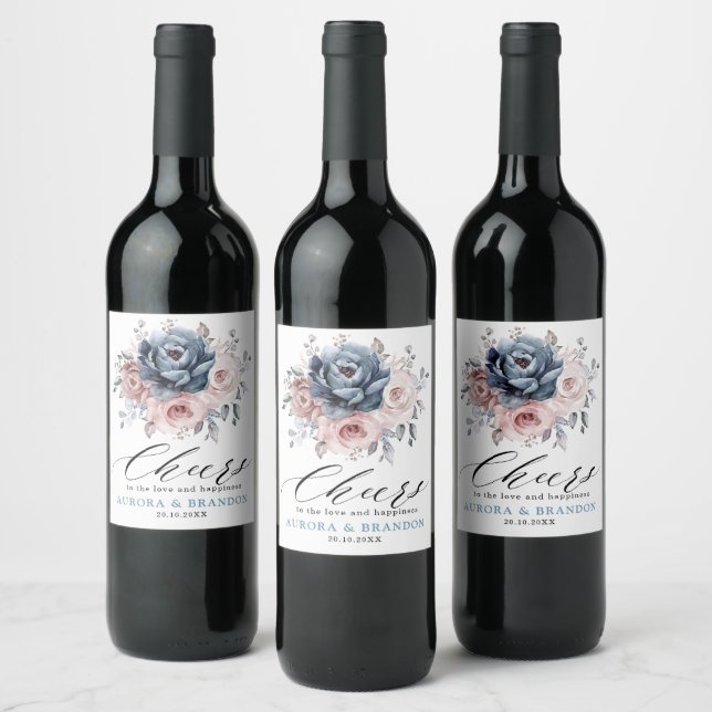 Dusty Blue Mauve Rose Pink Slate Floral Wedding  Wine Label (Bottles)