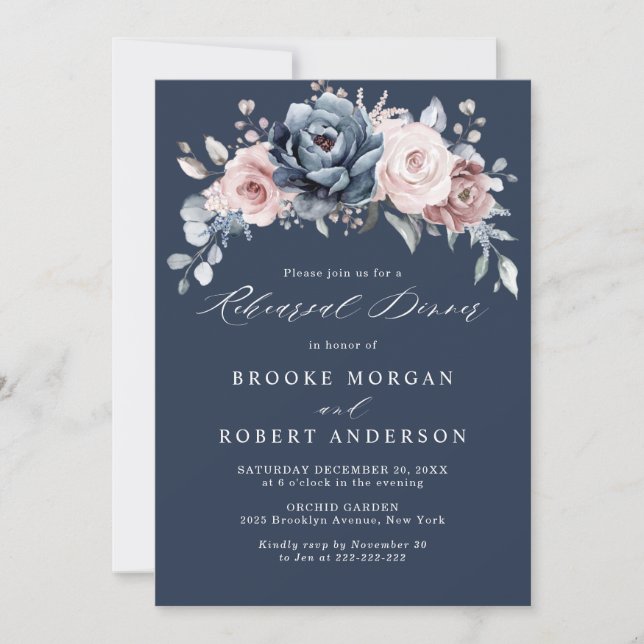 Dusty Blue Mauve Rose Pink Slate Rehearsal Dinner  Invitation (Front)