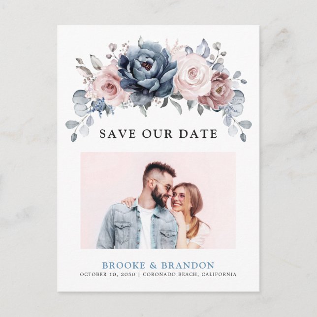 Dusty Blue Mauve Rose Pink Slate  Save the Date    Postcard (Front)