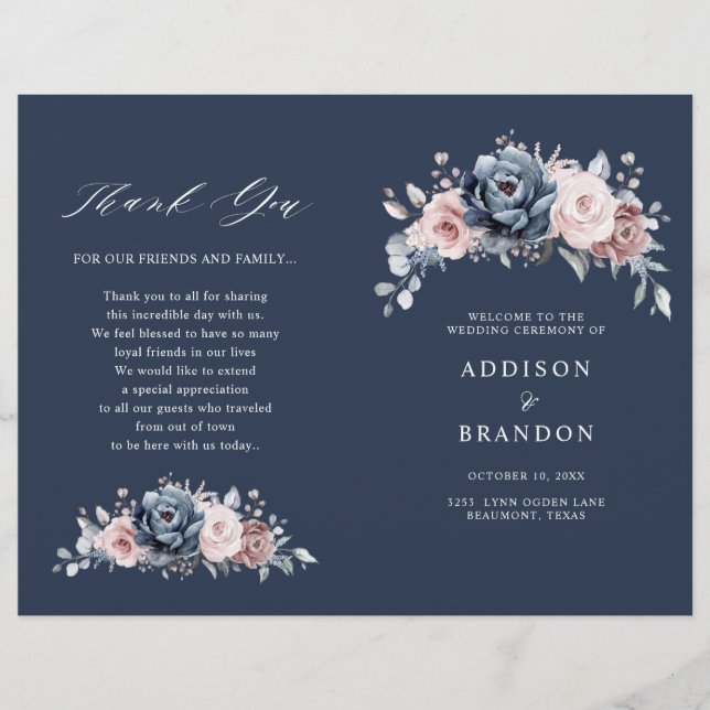 Dusty Blue Mauve Rose Pink Slate Wedding Progam (Front)