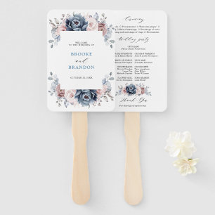 Dusty Blue Mauve Rose Pink Slate Wedding Program Hand Fan