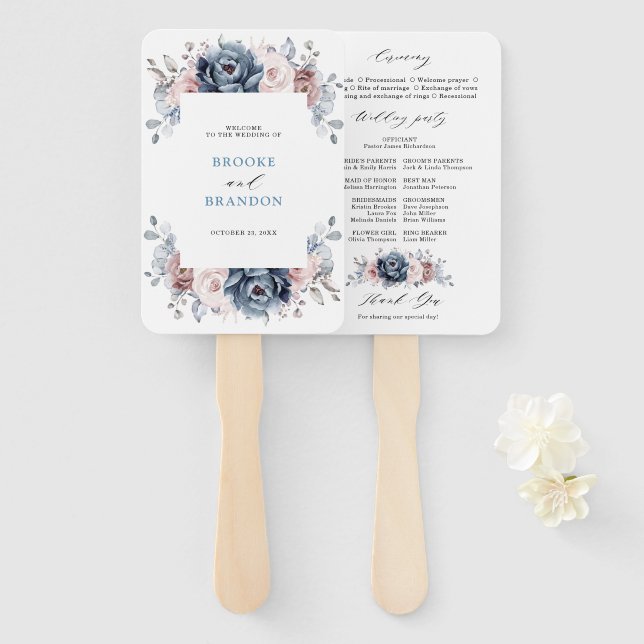 Dusty Blue Mauve Rose Pink Slate Wedding Program   Hand Fan (Front and Back)