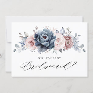 Dusty Blue Mauve Rose Slate Bridesmaids Proposal Invitation