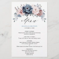 Dusty Blue Mauve Rose Slate Floral Wedding Menu
