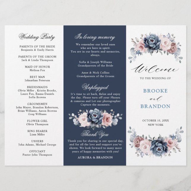 Dusty Blue Mauve Rose  Wedding Tri-Fold Program  (Front)