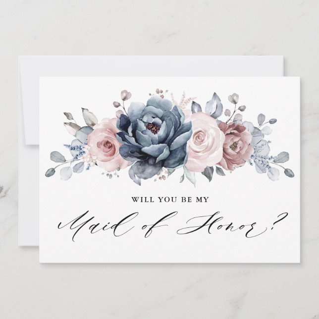 Dusty Blue Mauve Rose Will you be my Maid of Honou Invitation (Front)