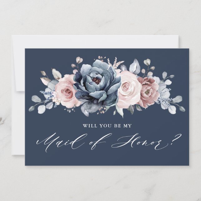 Dusty Blue Mauve Rose Will you be my Maid of Honou Invitation (Front)