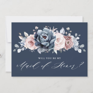 Dusty Blue Mauve Rose Will you be my Maid of Honou Invitation