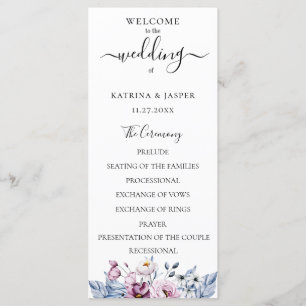 Dusty Blue Mauve Watercolor Floral Wedding Programme