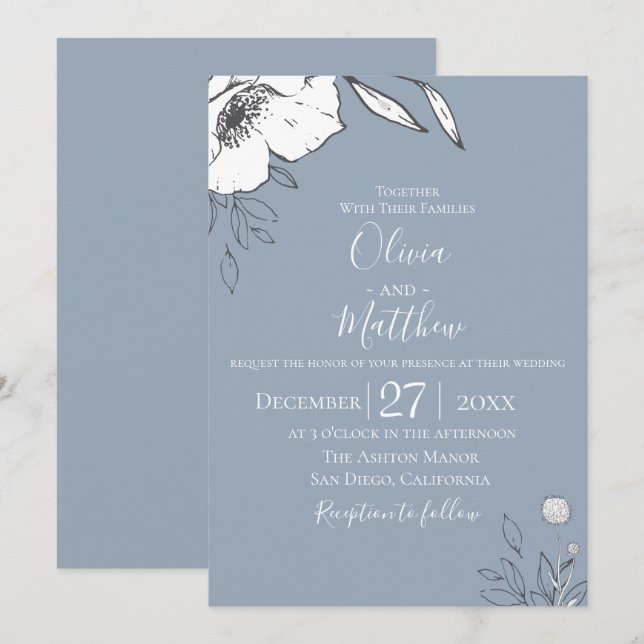 Dusty Blue Meadow Flowers Wedding Invitation (Front/Back)