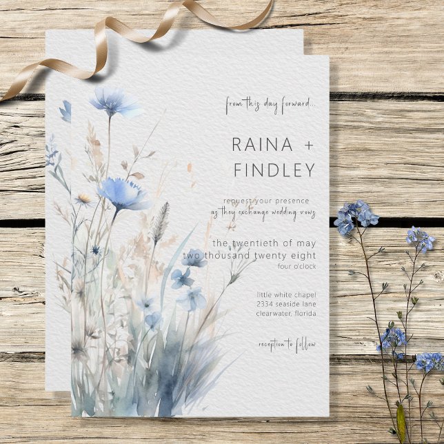 Dusty Blue Meadow Wildflowers Modern Invitation (Creator Uploaded)