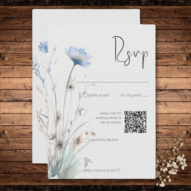 Dusty Blue Meadow Wildflowers Modern QR Code RSVP Card (Dusty Blue Meadow Wildflowers Modern QR Code RSVP Card)