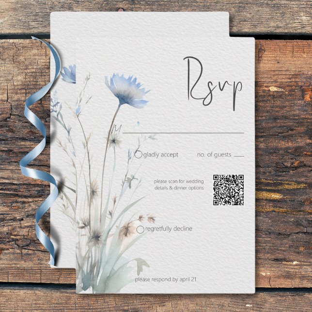 Dusty Blue Meadow Wildflowers Modern QR Code RSVP Card (Dusty Blue Meadow Wildflowers Modern QR Code RSVP Card)